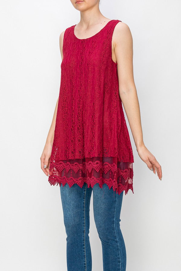 Lola Lined Lace Detail Hi-Lo Tank Top in Red