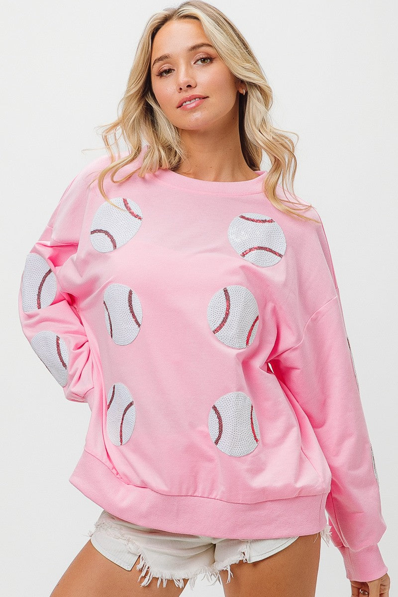 PLAY BALL Sequin Baseballs French Terry Sweatshirt