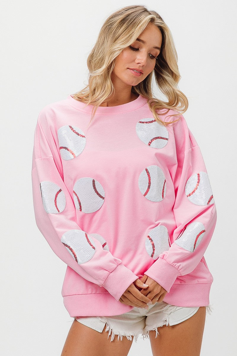 PLAY BALL Sequin Baseballs French Terry Sweatshirt