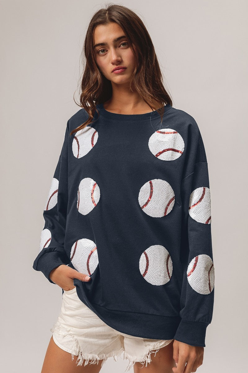 PLAY BALL Sequin Baseballs French Terry Sweatshirt
