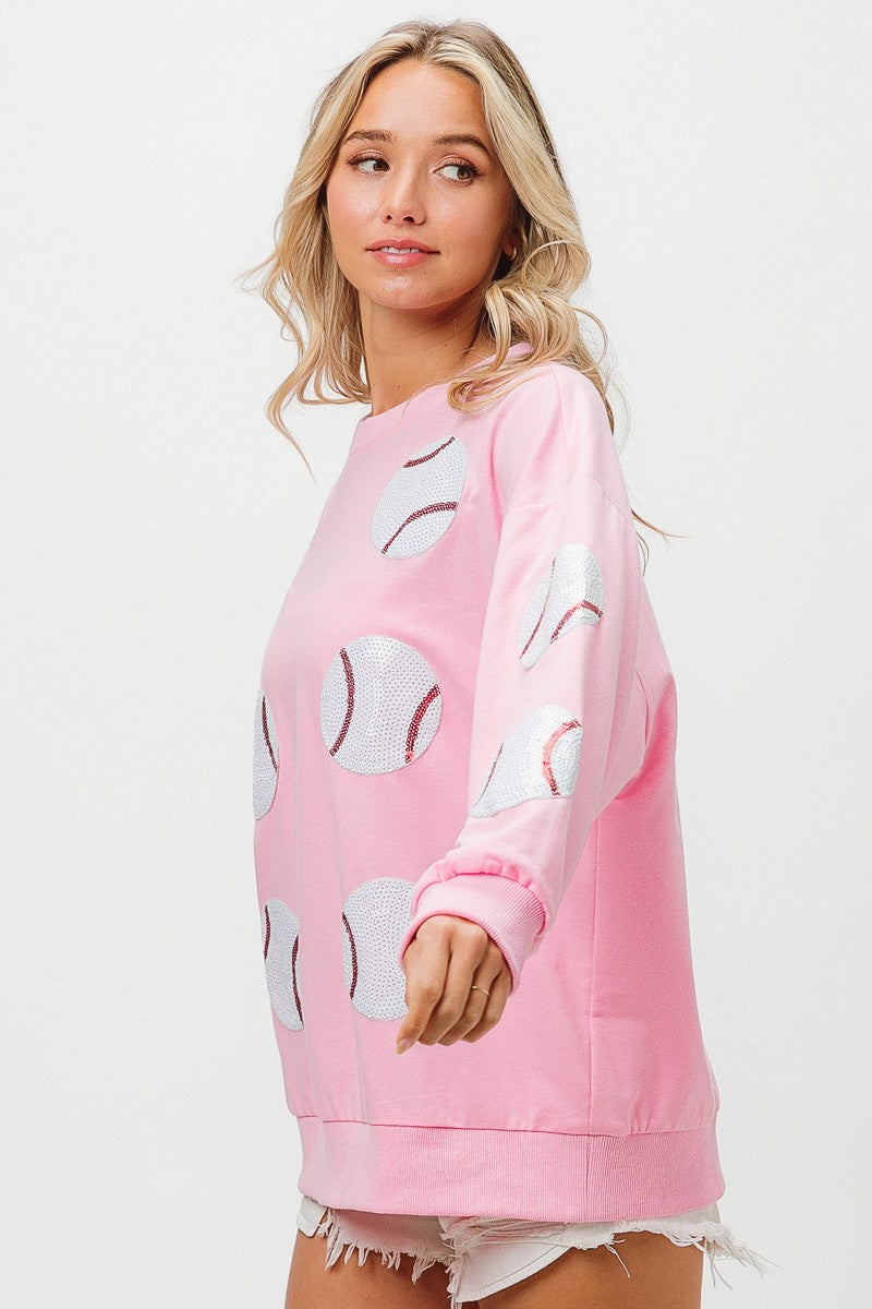 PLAY BALL Sequin Baseballs French Terry Sweatshirt