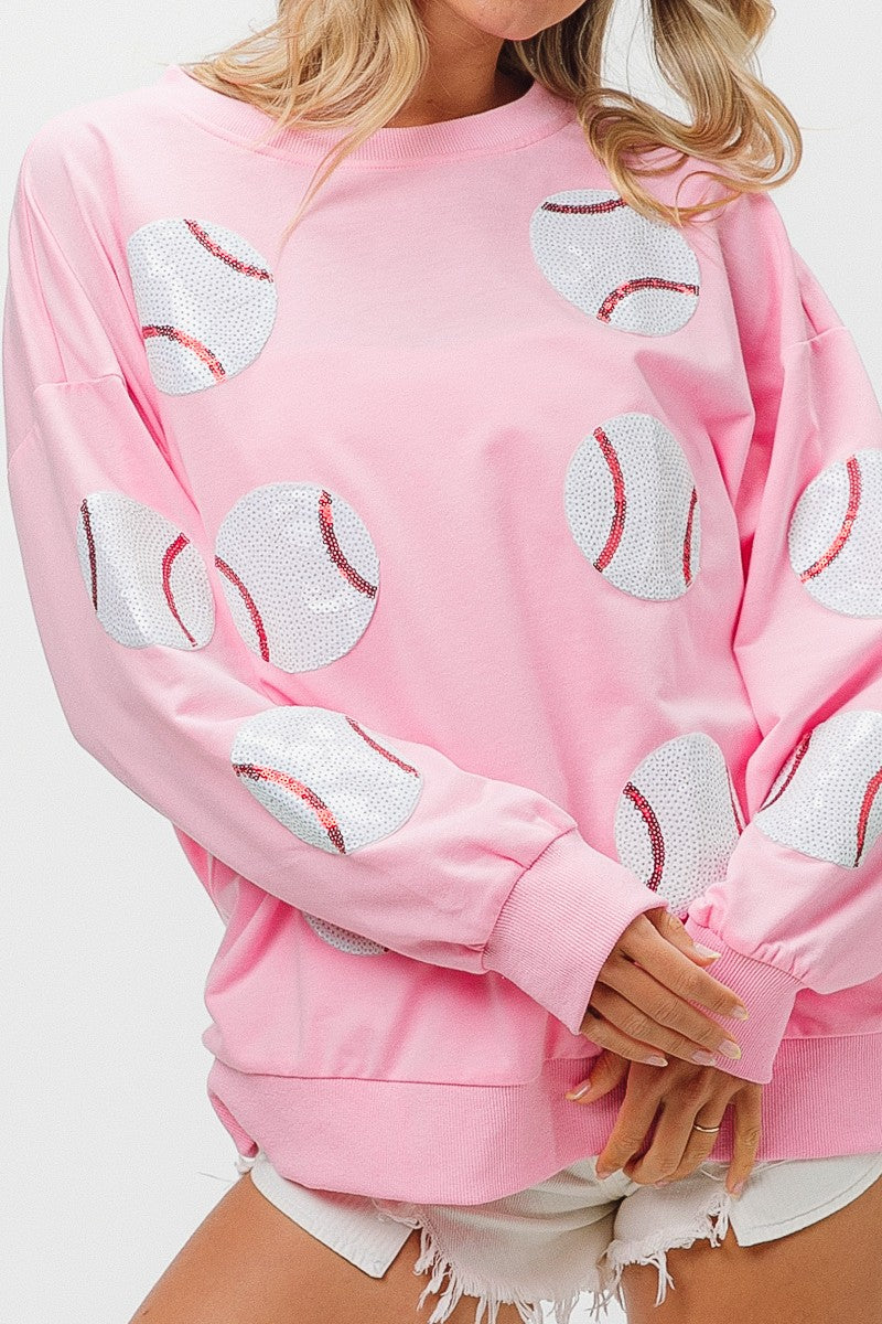 PLAY BALL Sequin Baseballs French Terry Sweatshirt