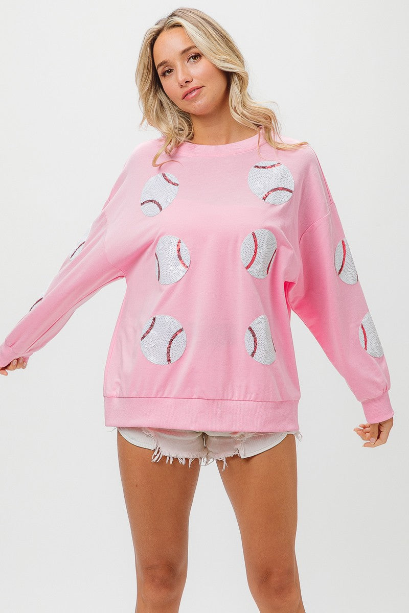 PLAY BALL Sequin Baseballs French Terry Sweatshirt