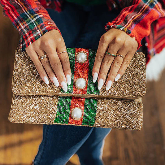 Red Green Striped Gold Beaded Clutch Bag