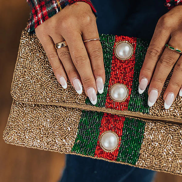 Red Green Striped Gold Beaded Clutch Bag