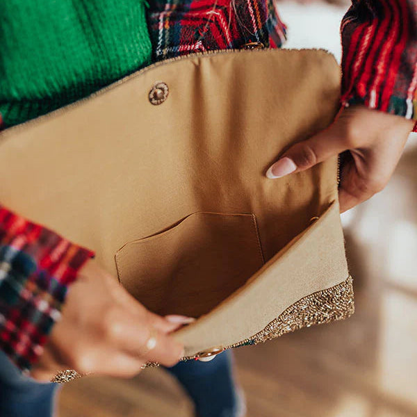 Red Green Striped Gold Beaded Clutch Bag