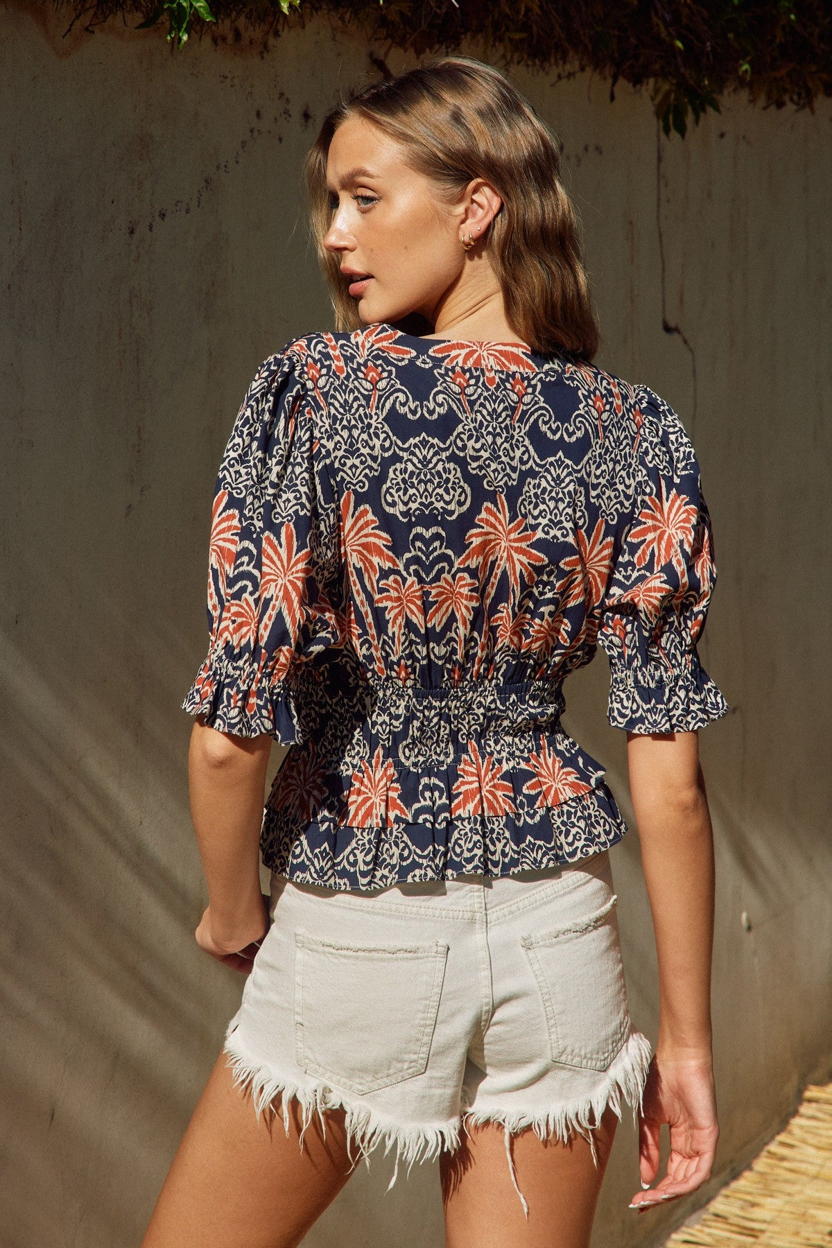 Hibiscus Lane Puff Sleeve Ruffled Top