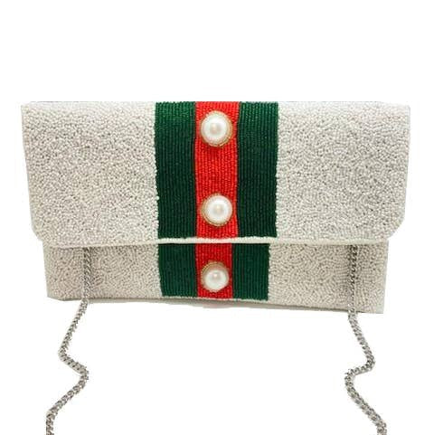 Red Green Striped White Beaded Clutch Bag