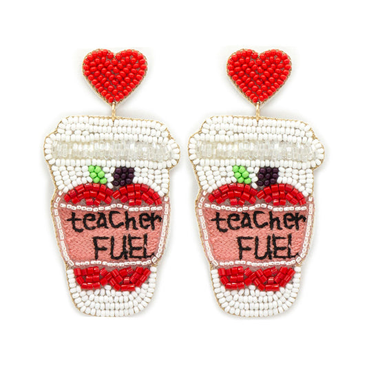 Teacher Fuel Coffee Cup Seed Beaded Earrings