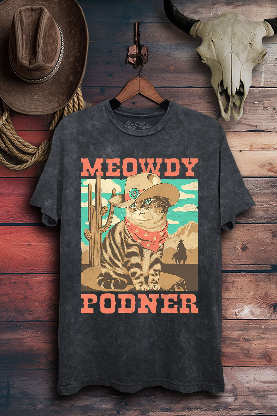 Meowdy Podner Cats Theme Western Graphic T-Shirt