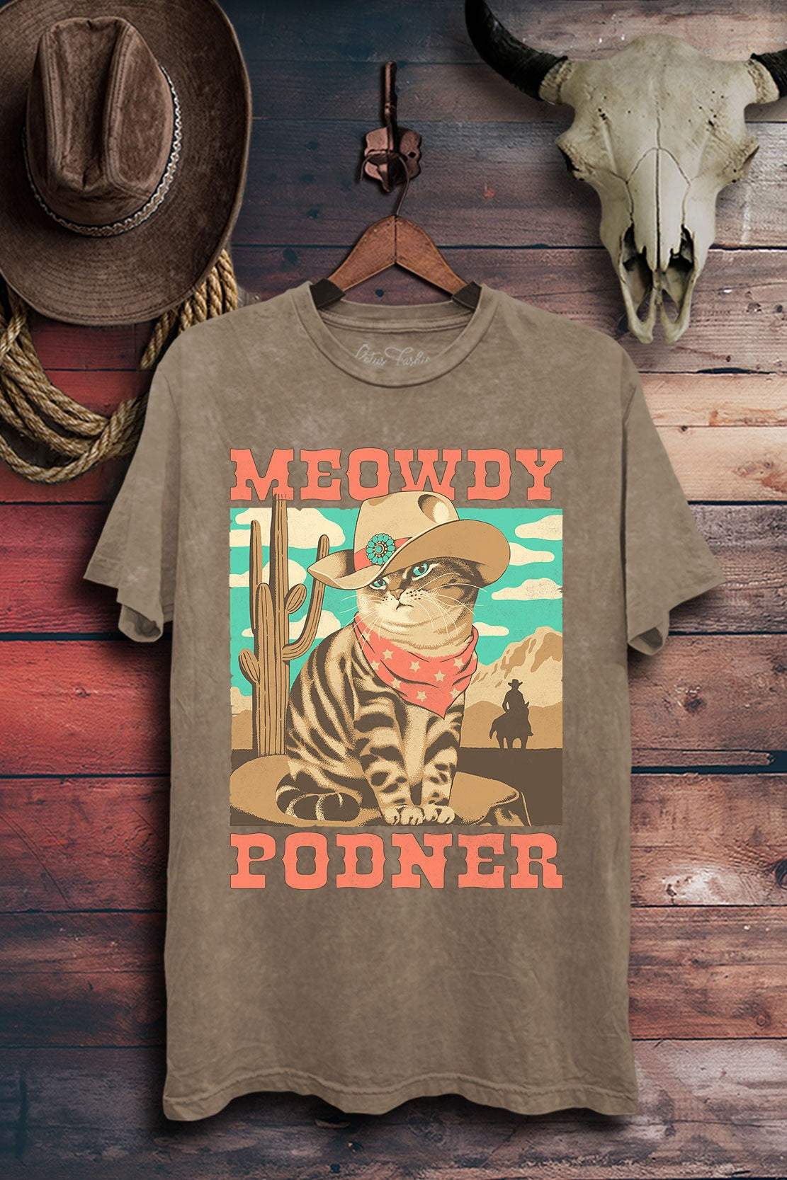 Meowdy Podner Cats Theme Western Graphic T-Shirt