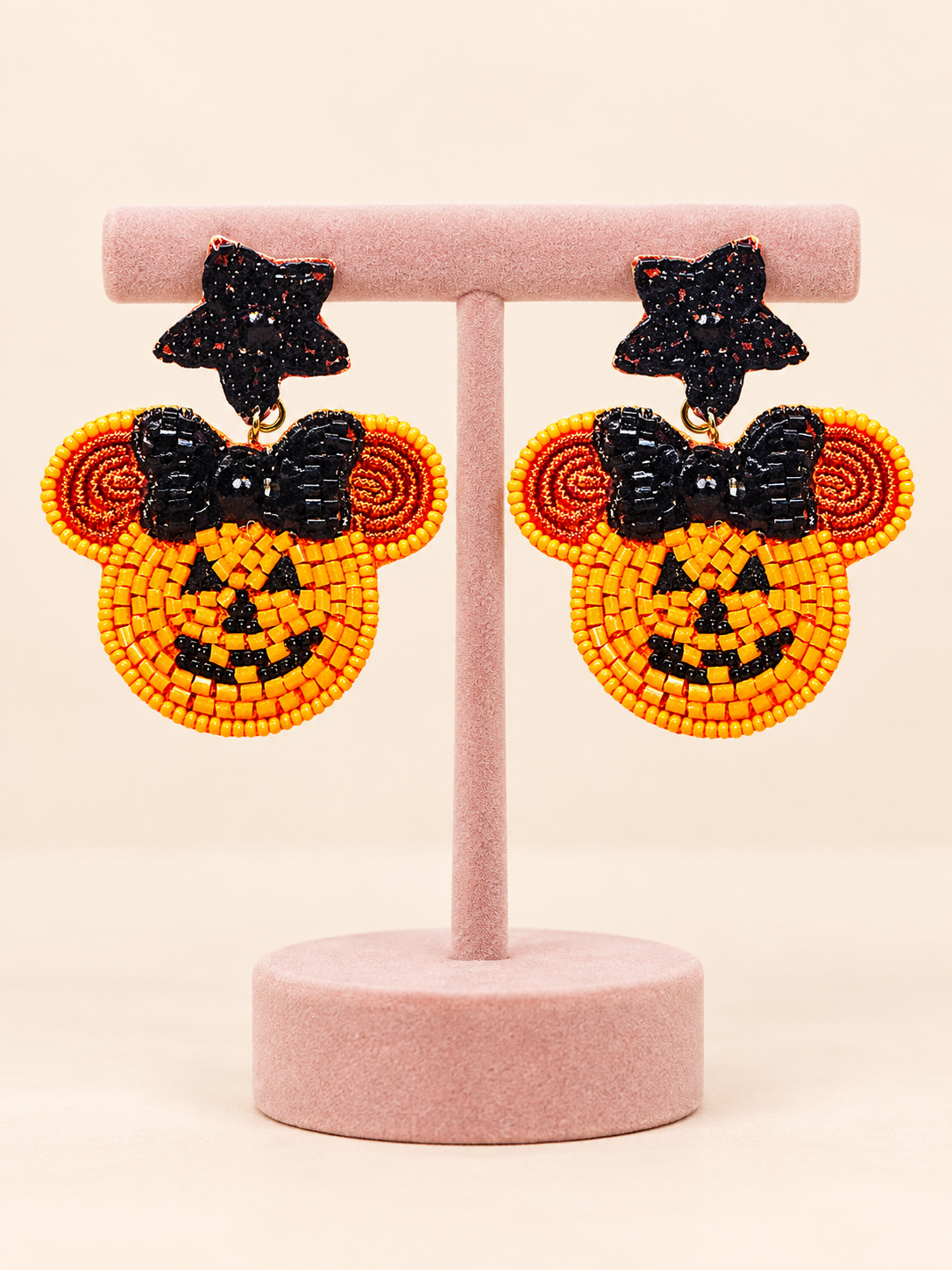 Pendientes de cuentas de gato negro de Halloween con calabaza rosa