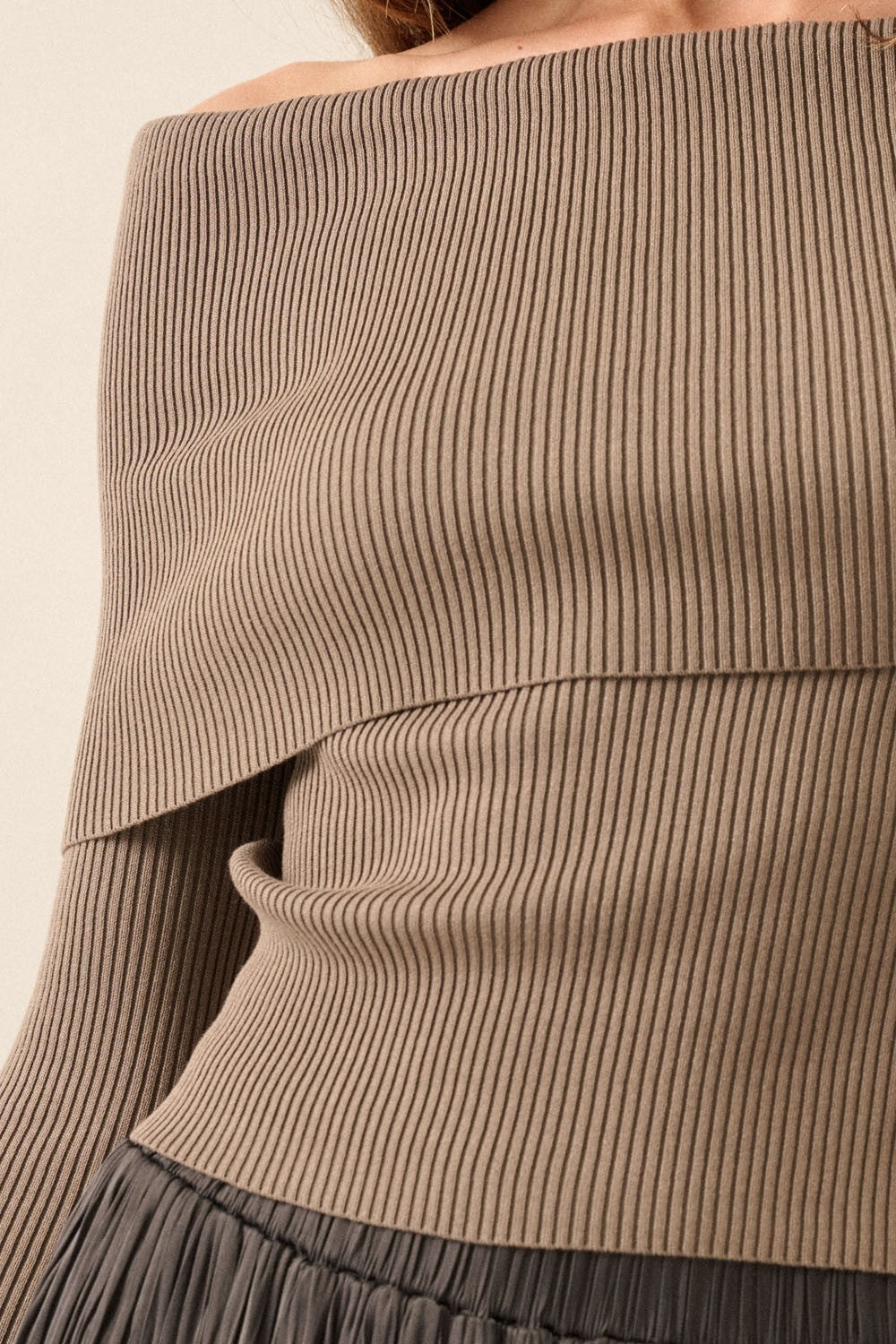 Shaper Fit Knit Off-Shoulder Ribbed Fold-Over Top in Brown