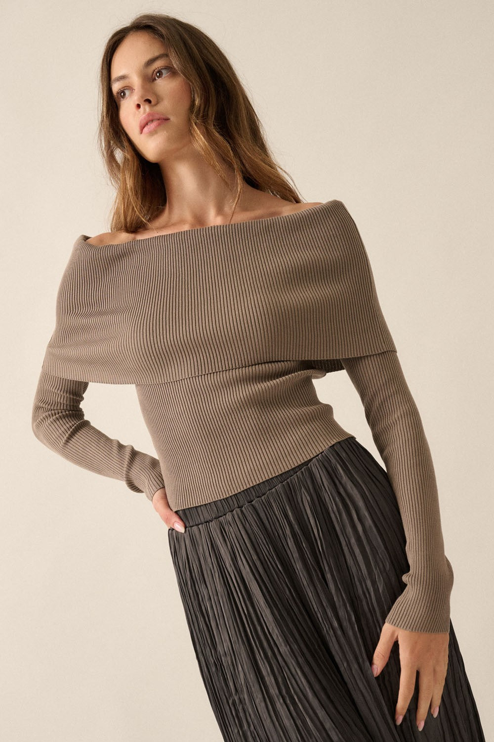 Shaper Fit Knit Off-Shoulder Ribbed Fold-Over Top in Brown