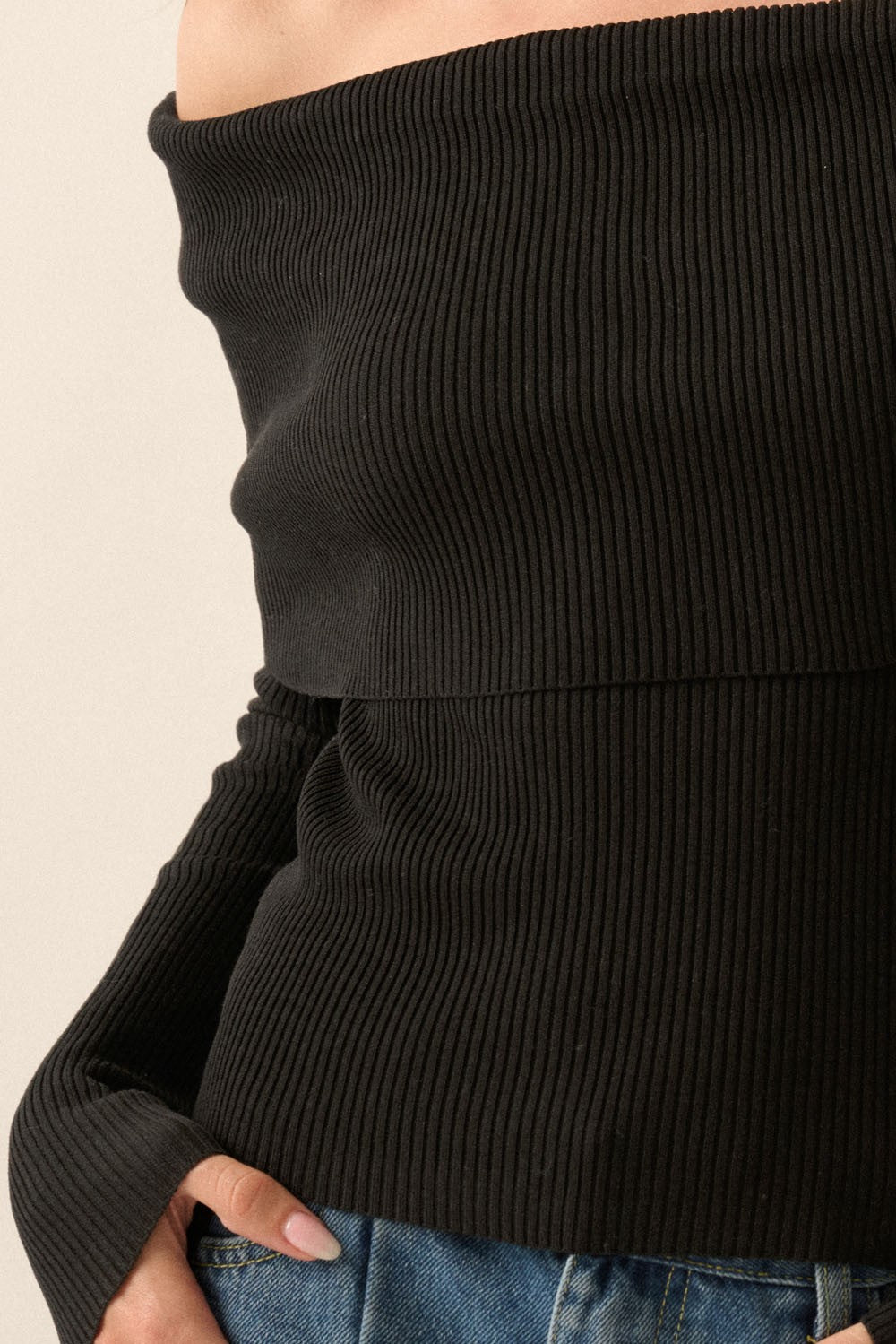 Shaper Fit Knit Off-Shoulder Ribbed Fold-Over Top in Black