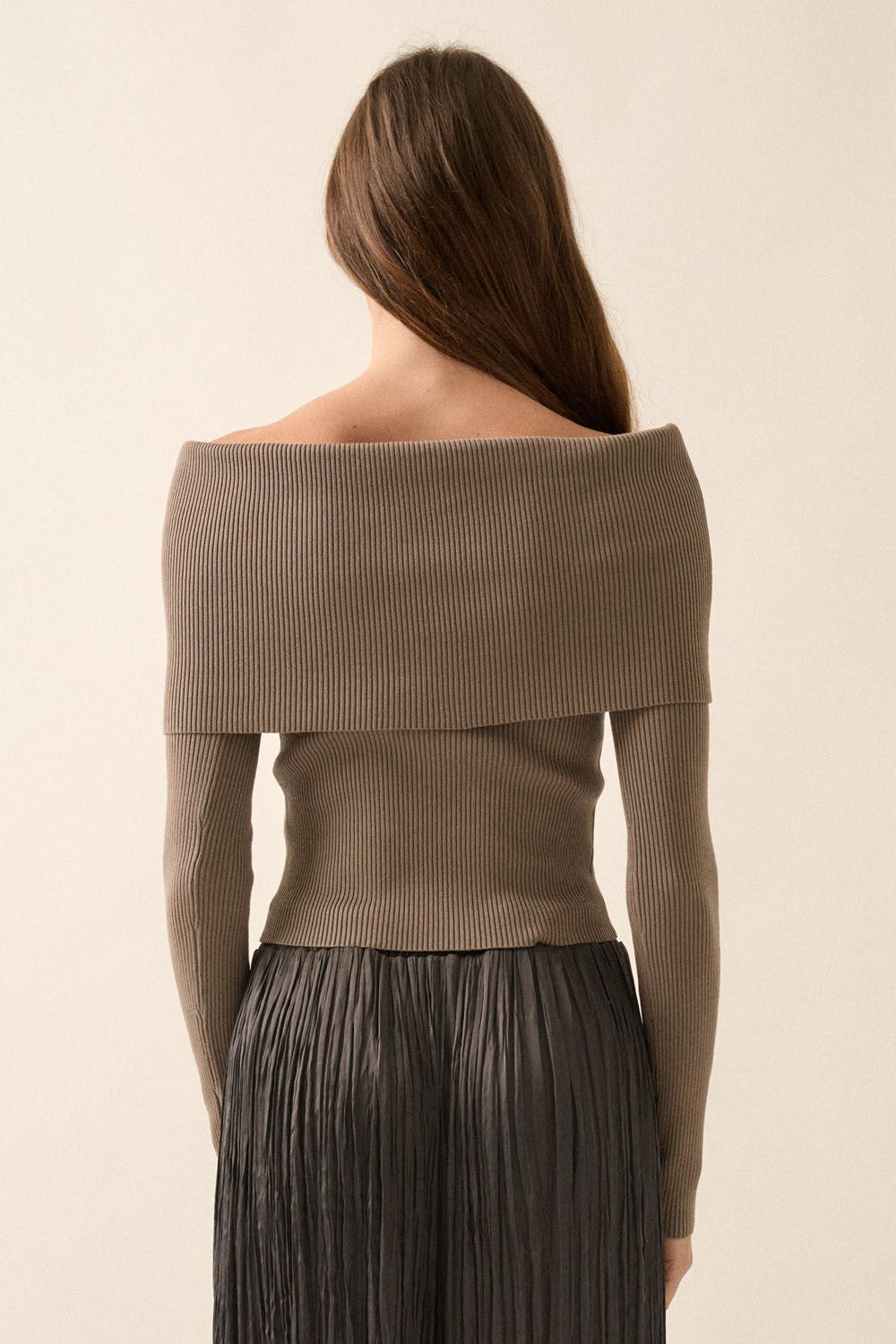 Shaper Fit Knit Off-Shoulder Ribbed Fold-Over Top in Brown