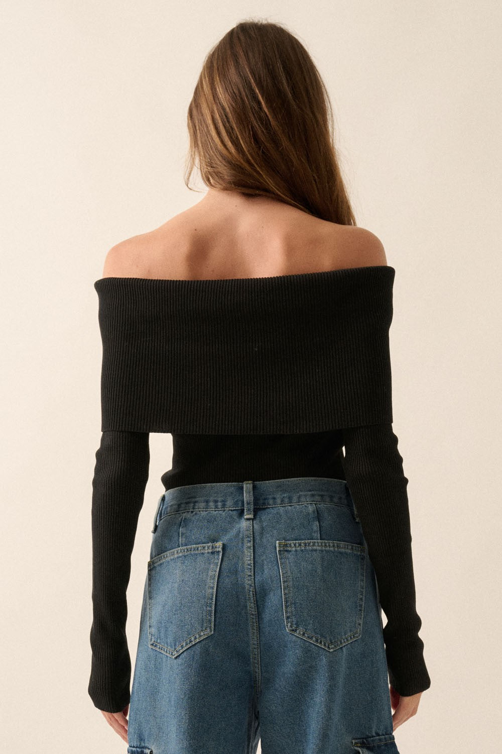 Shaper Fit Knit Off-Shoulder Ribbed Fold-Over Top in Black