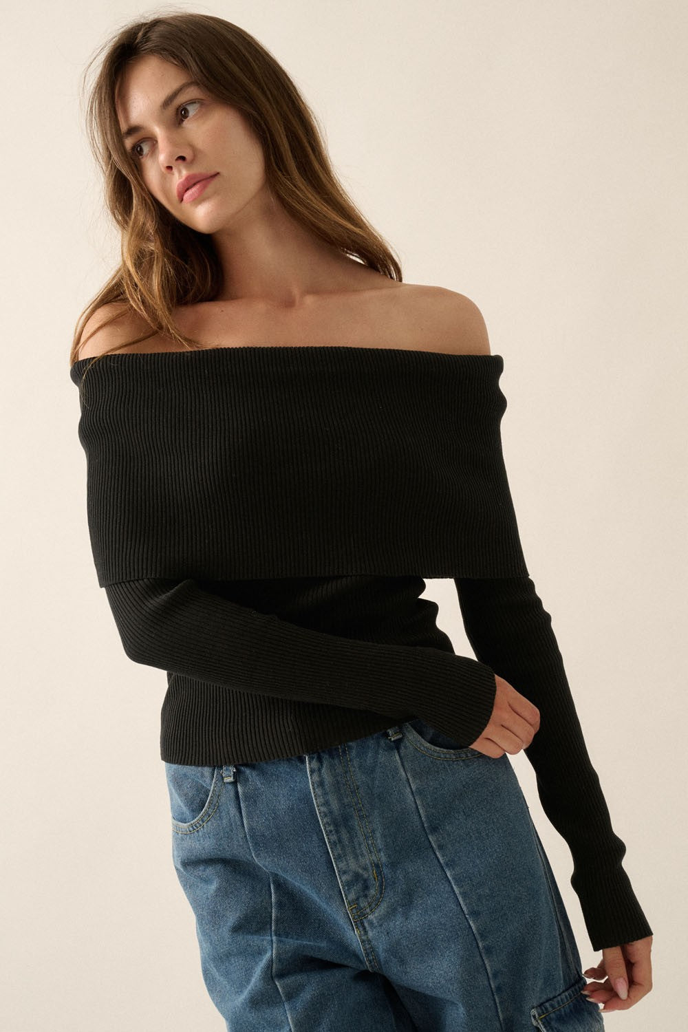 Shaper Fit Knit Off-Shoulder Ribbed Fold-Over Top in Black