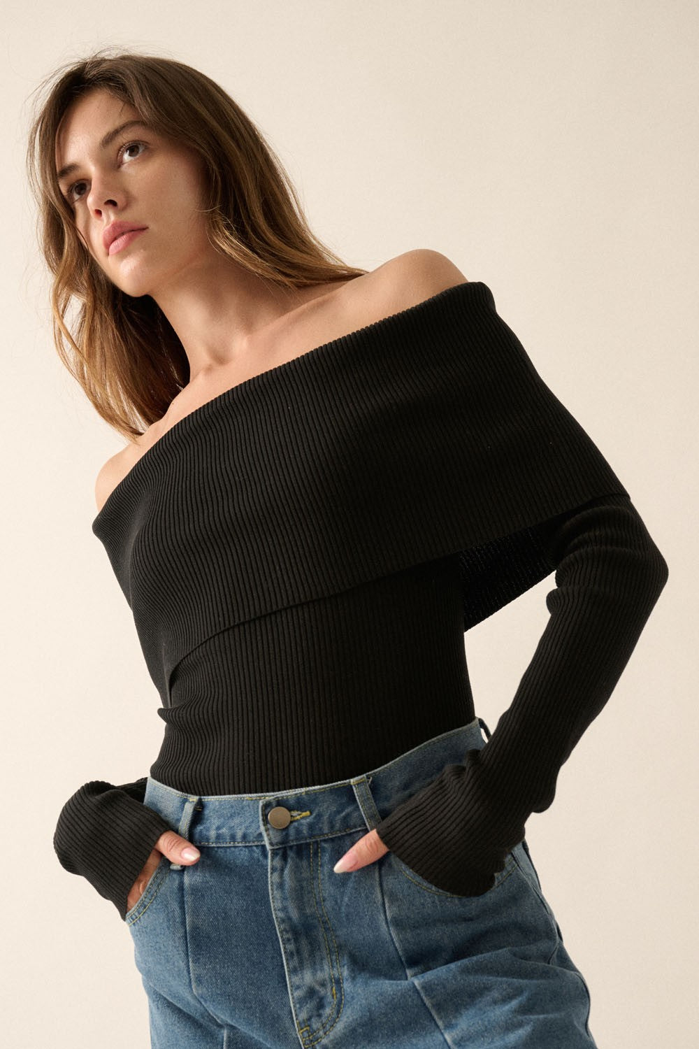 Shaper Fit Knit Off-Shoulder Ribbed Fold-Over Top in Black