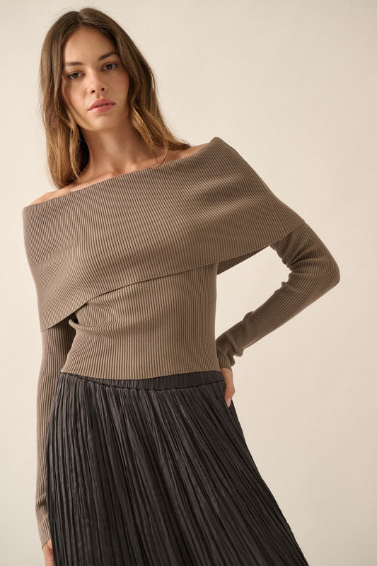 Shaper Fit Knit Off-Shoulder Ribbed Fold-Over Top in Brown