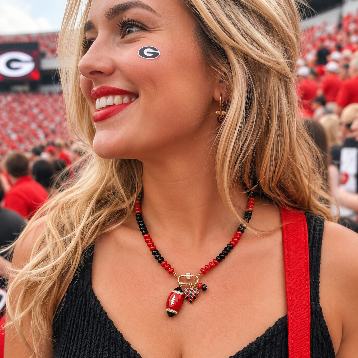 Red & Black Football Team Beaded Charm Necklace