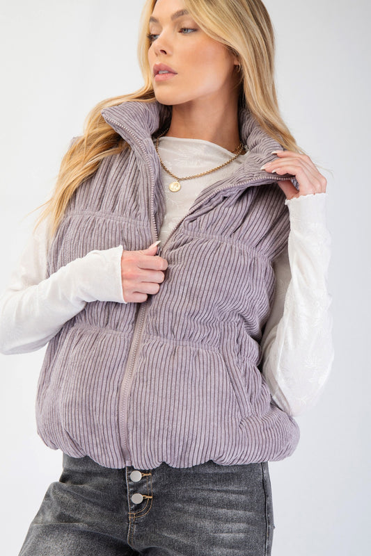 Callie Corduroy Puffer Zipper Vest in Grey