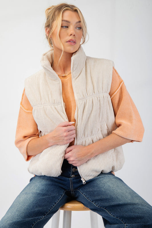 Callie Corduroy Puffer Zipper Vest in Ivory