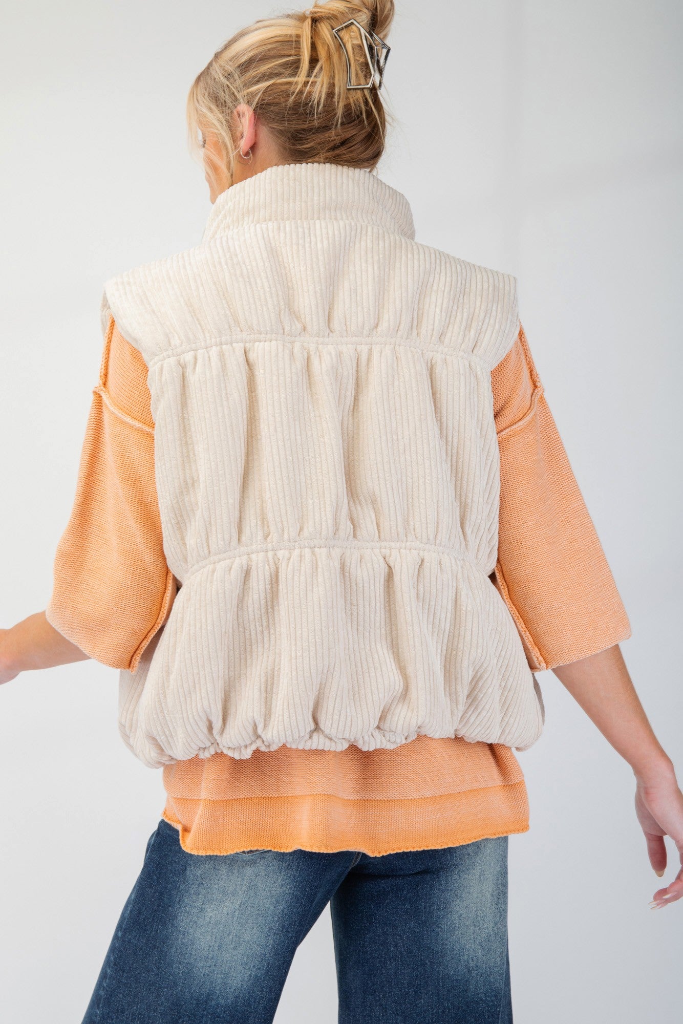 Callie Corduroy Puffer Zipper Vest in Ivory