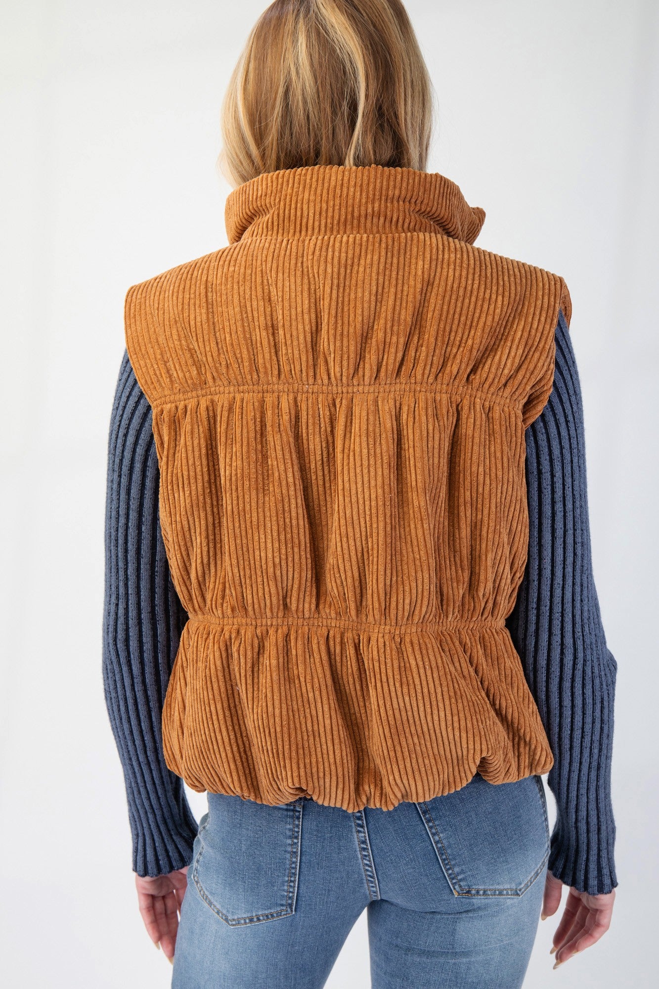 Callie Corduroy Puffer Zipper Vest in Camel