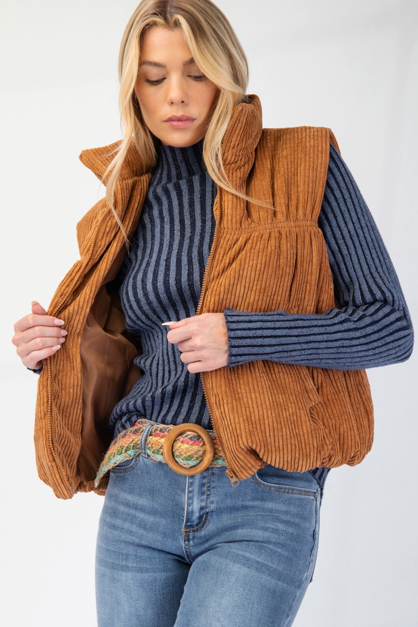 Callie Corduroy Puffer Zipper Vest in Camel