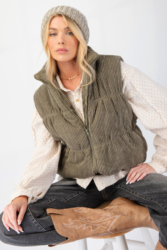 Callie Corduroy Puffer Zipper Vest in Olive