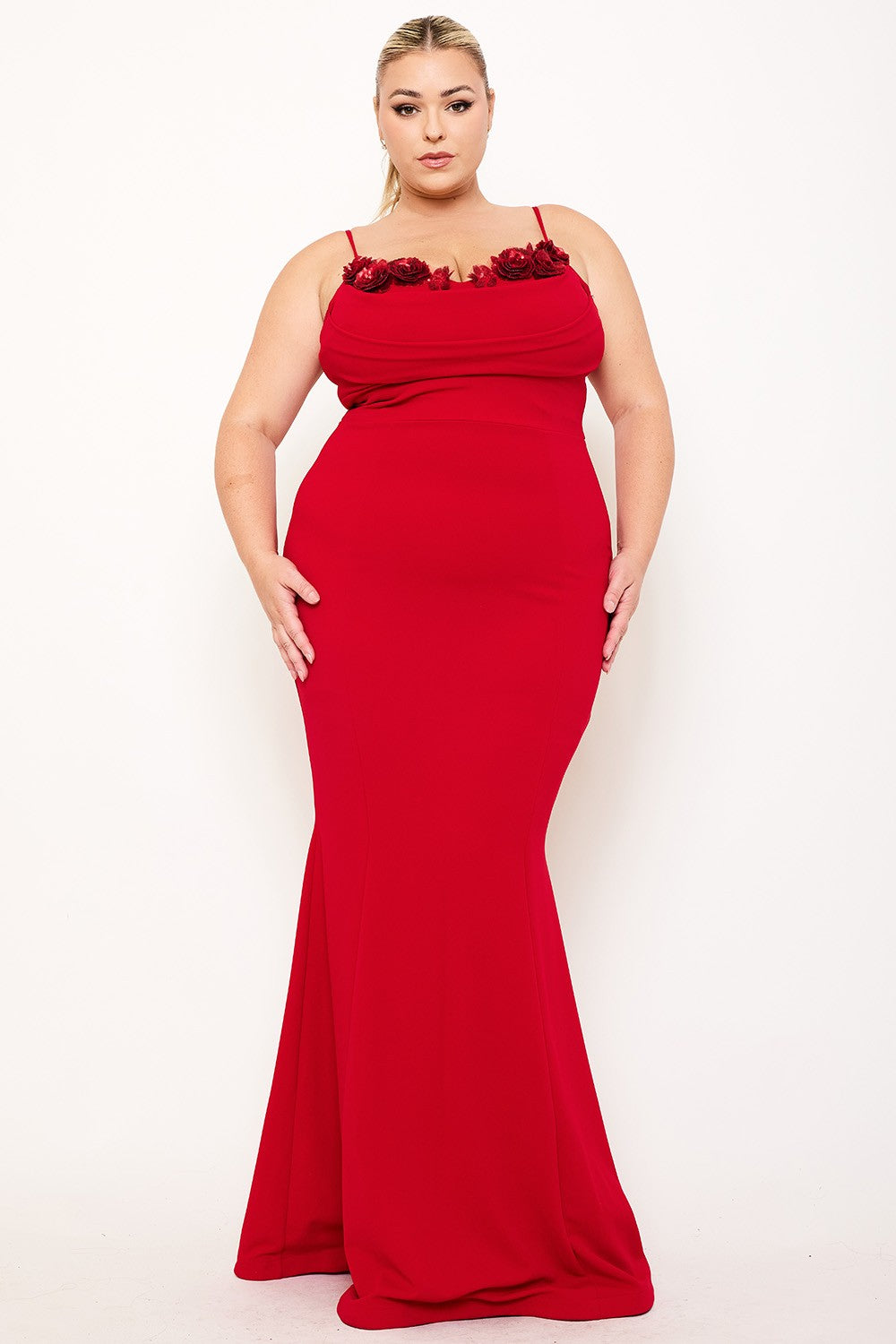 Blooming Bodice Curvy Red Mermaid Gown