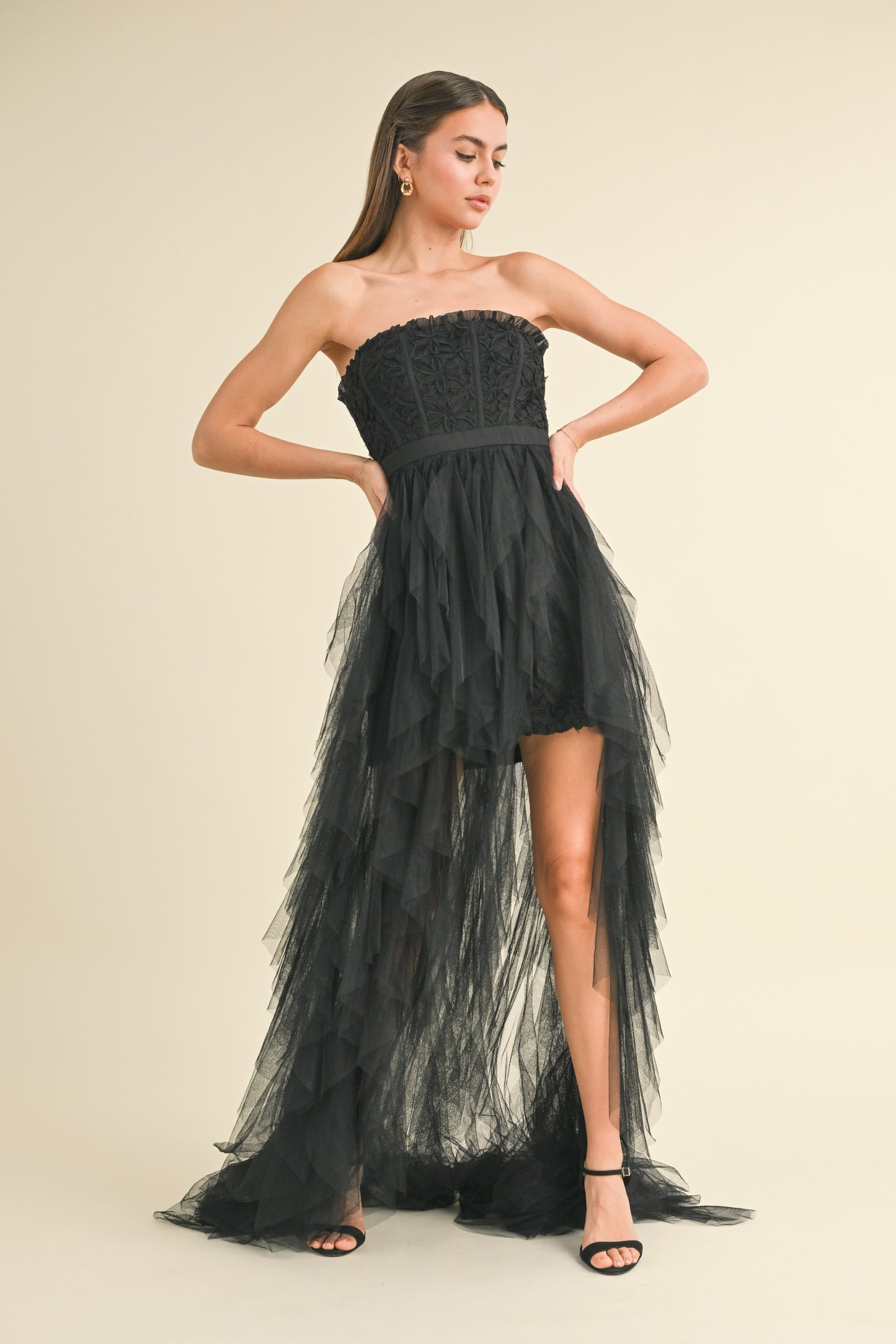 Aria Dance With Me Tulle Ruffle Dress in Black