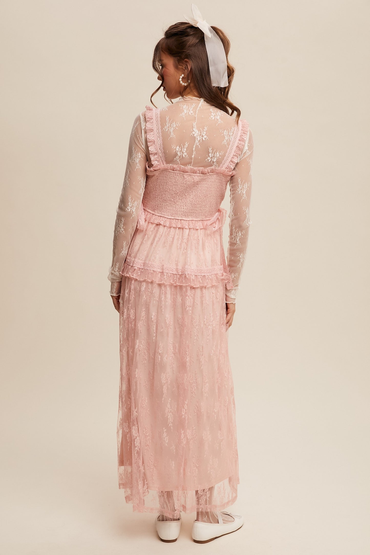 The Thia Romantic Boho Lace Maxi Dress in Pink