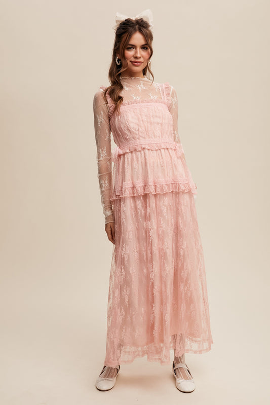 The Thia Romantic Boho Lace Maxi Dress in Pink