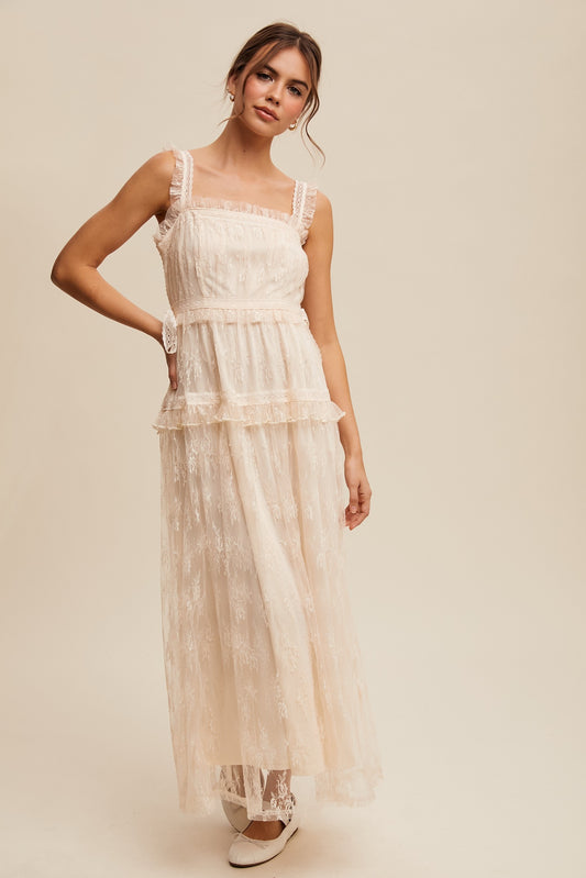 The Thia Romantic Boho Lace Maxi Dress in Cream