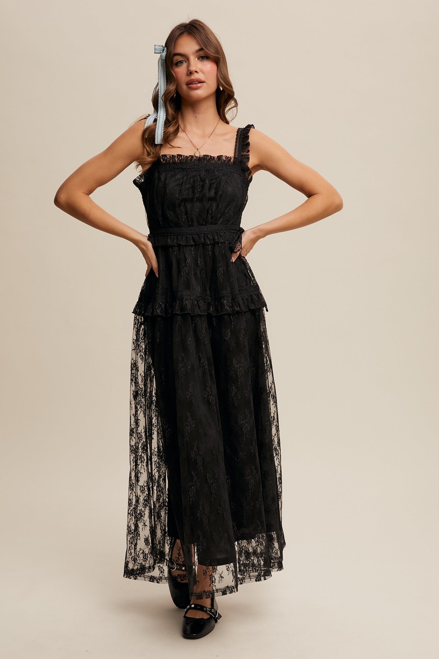 The Thia Romantic Boho Lace Maxi Dress in Black