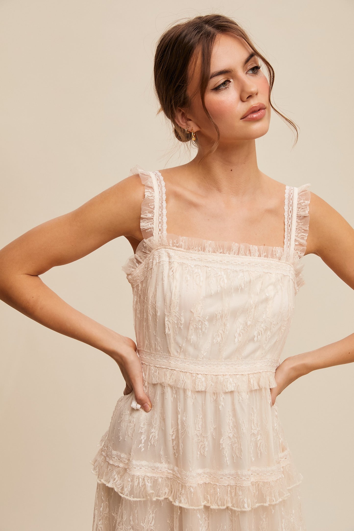 The Thia Romantic Boho Lace Maxi Dress in Cream