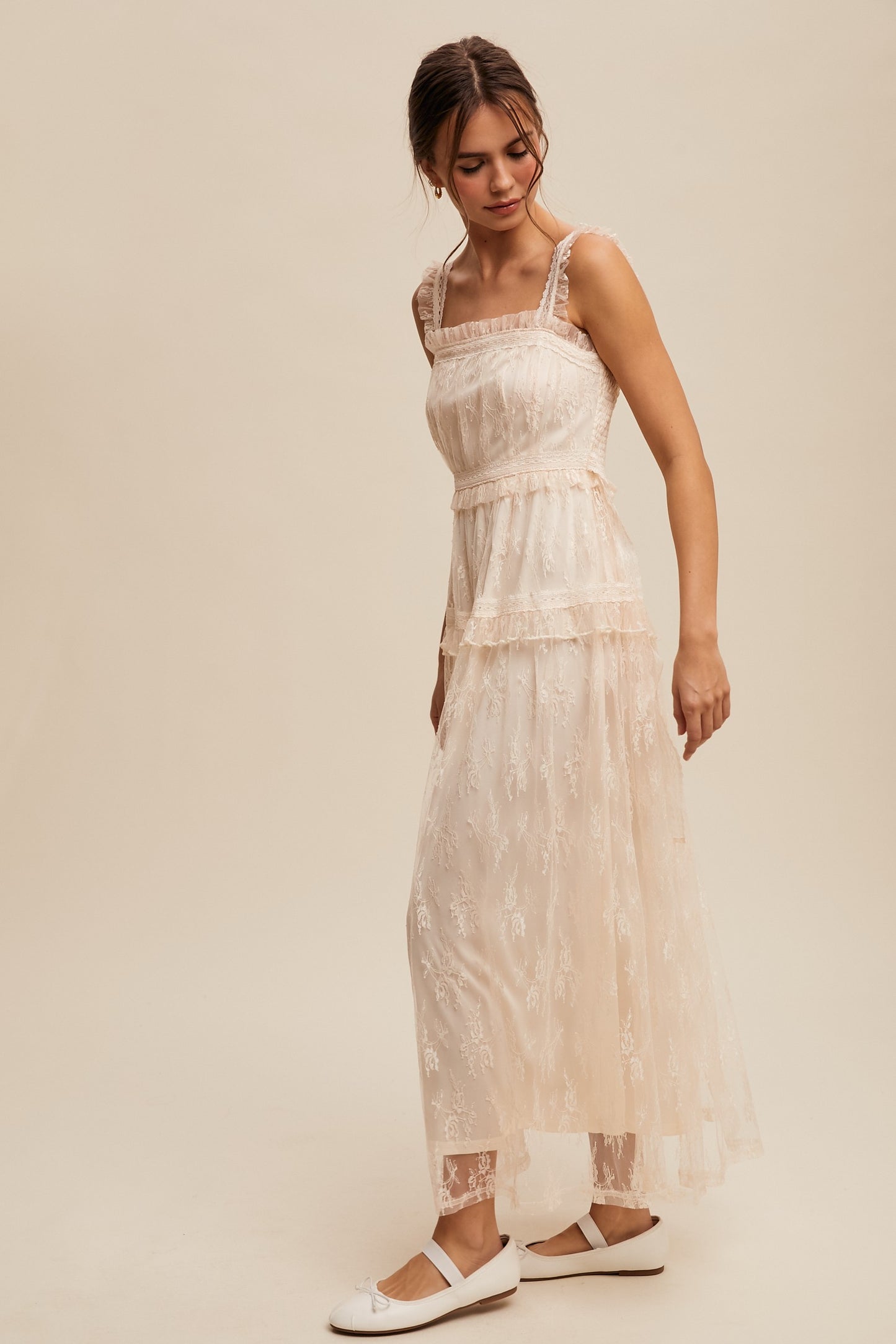 The Thia Romantic Boho Lace Maxi Dress in Cream