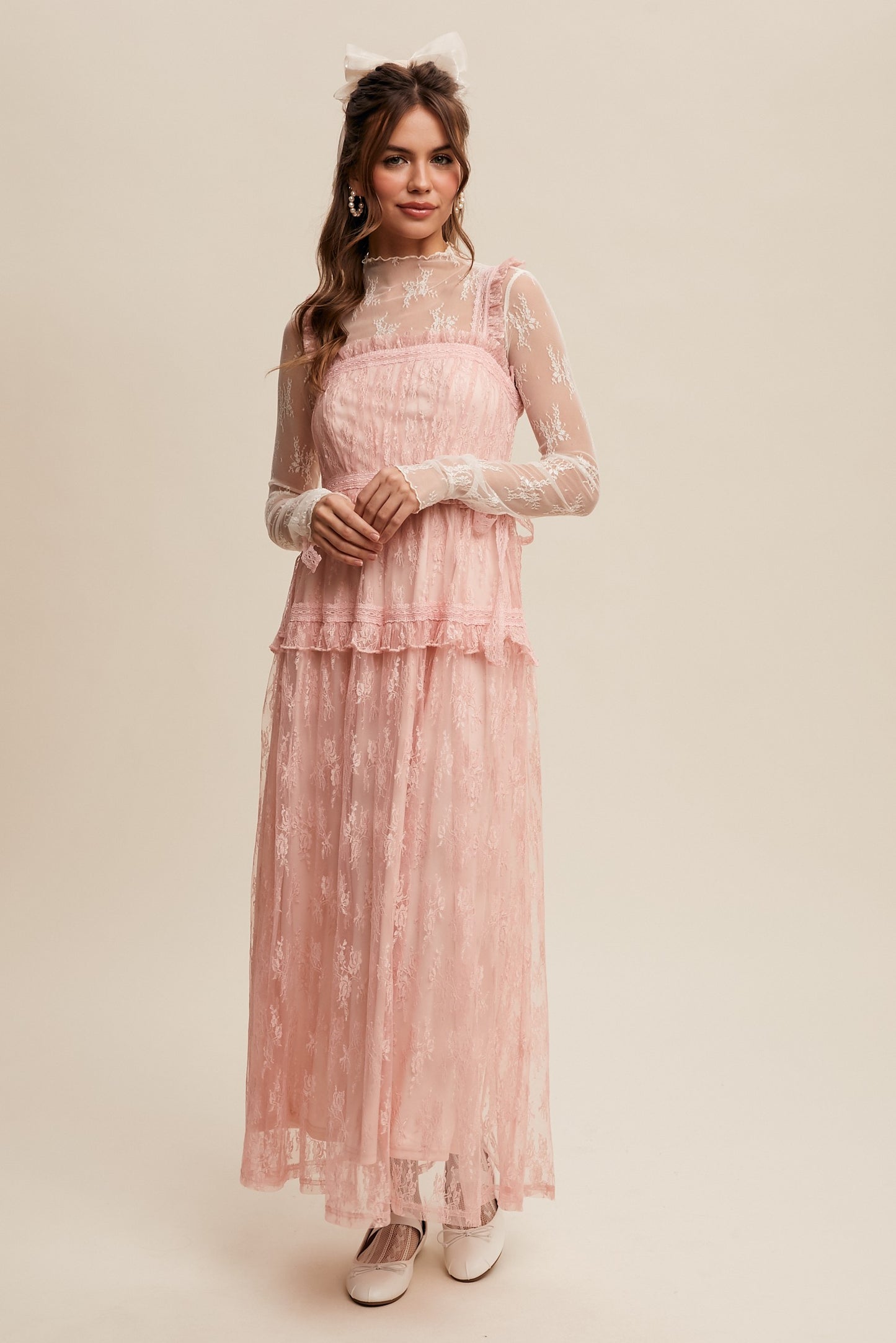 The Thia Romantic Boho Lace Maxi Dress in Pink