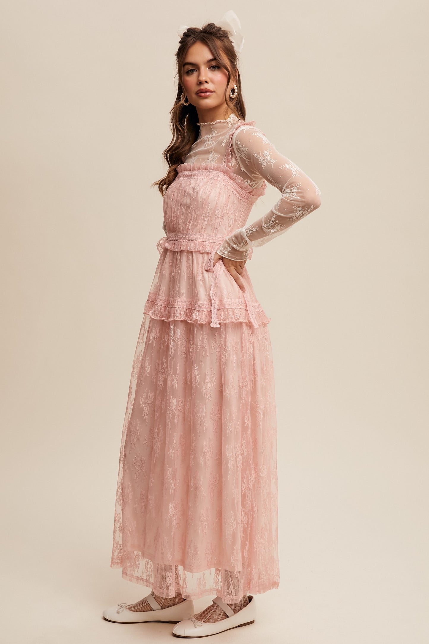 The Thia Romantic Boho Lace Maxi Dress in Pink