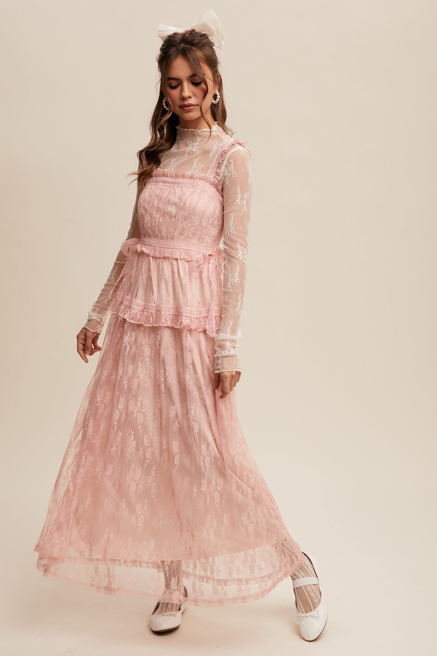 The Thia Romantic Boho Lace Maxi Dress in Pink