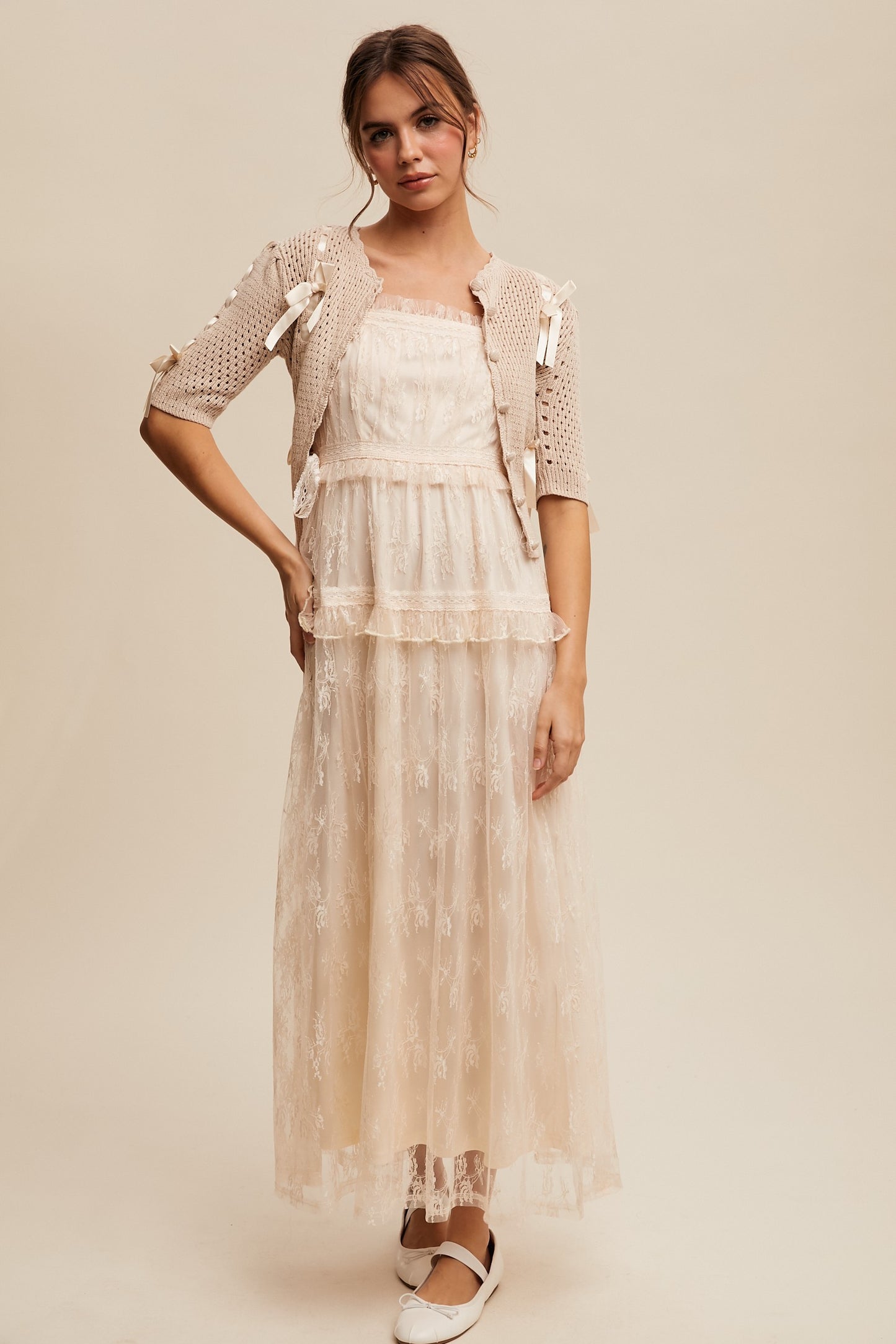The Thia Romantic Boho Lace Maxi Dress in Cream