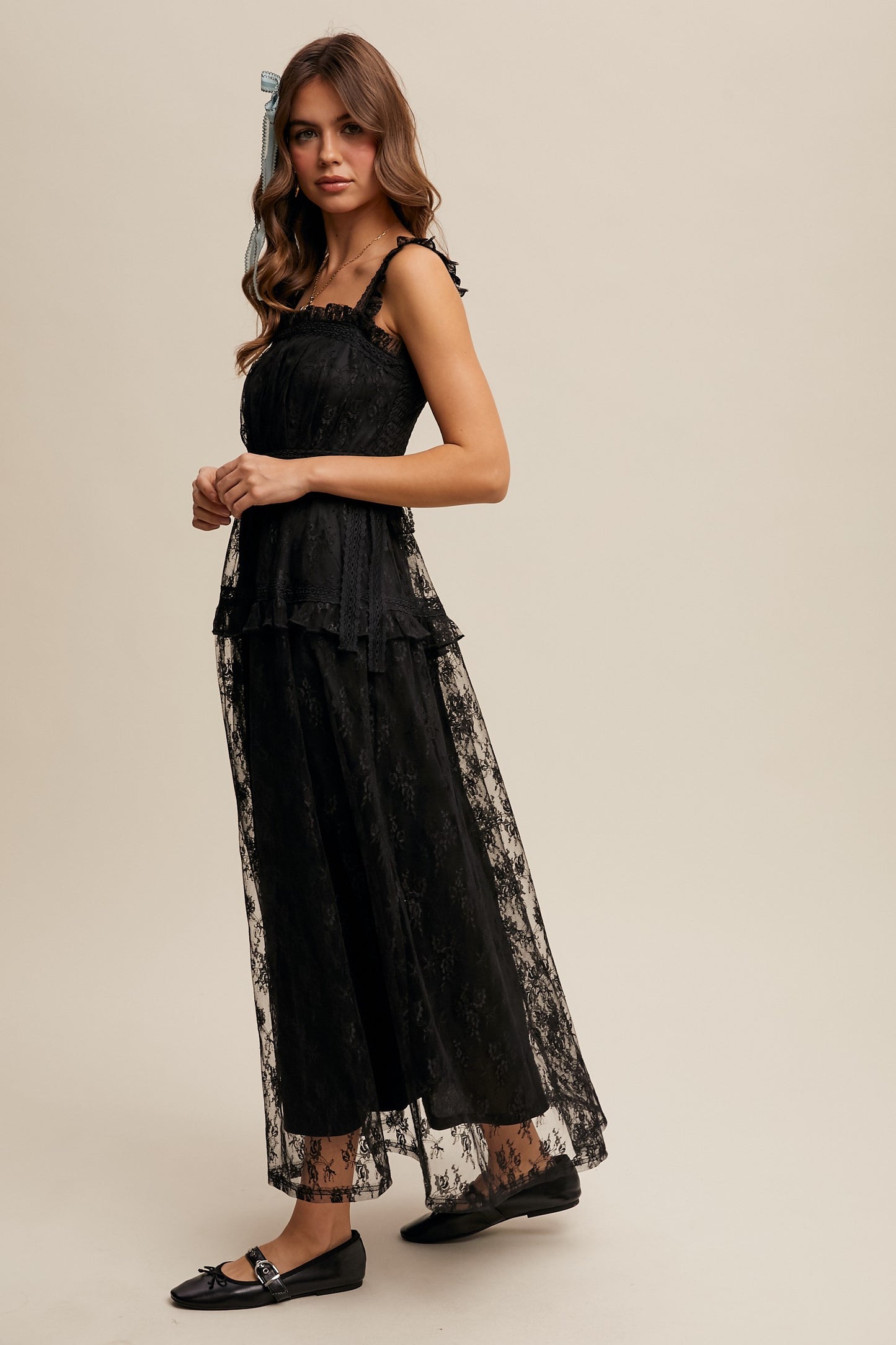 The Thia Romantic Boho Lace Maxi Dress in Black