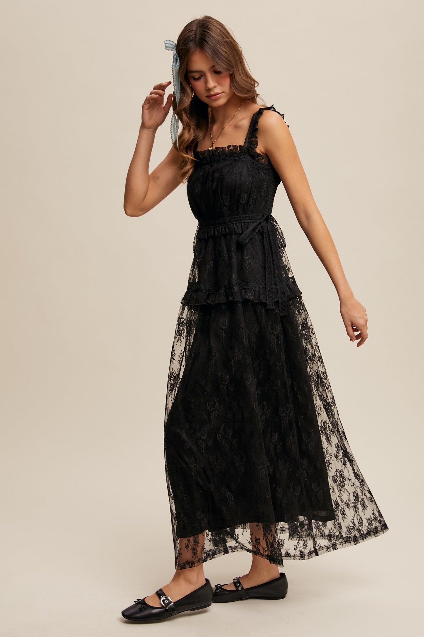 The Thia Romantic Boho Lace Maxi Dress in Black