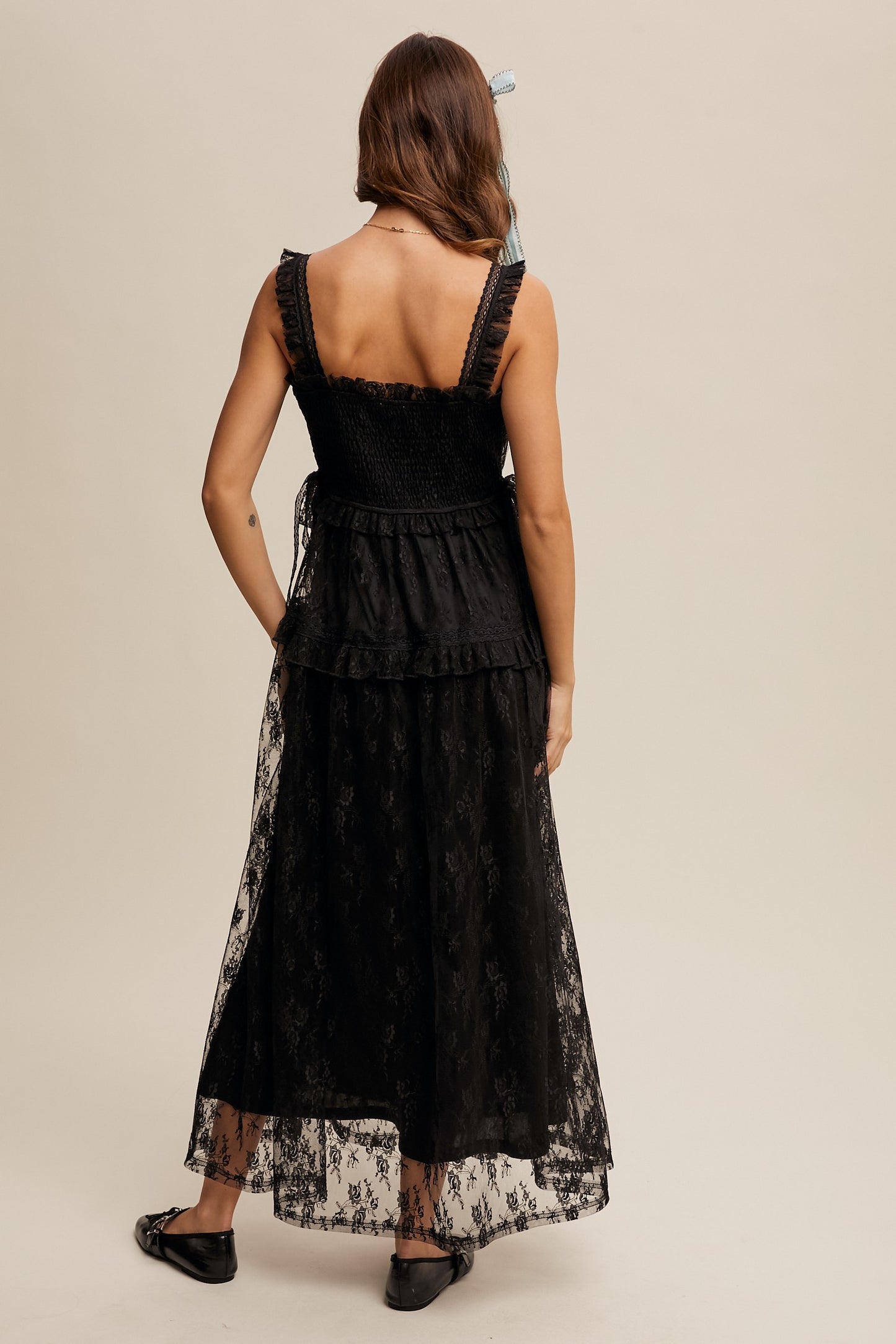 The Thia Romantic Boho Lace Maxi Dress in Black