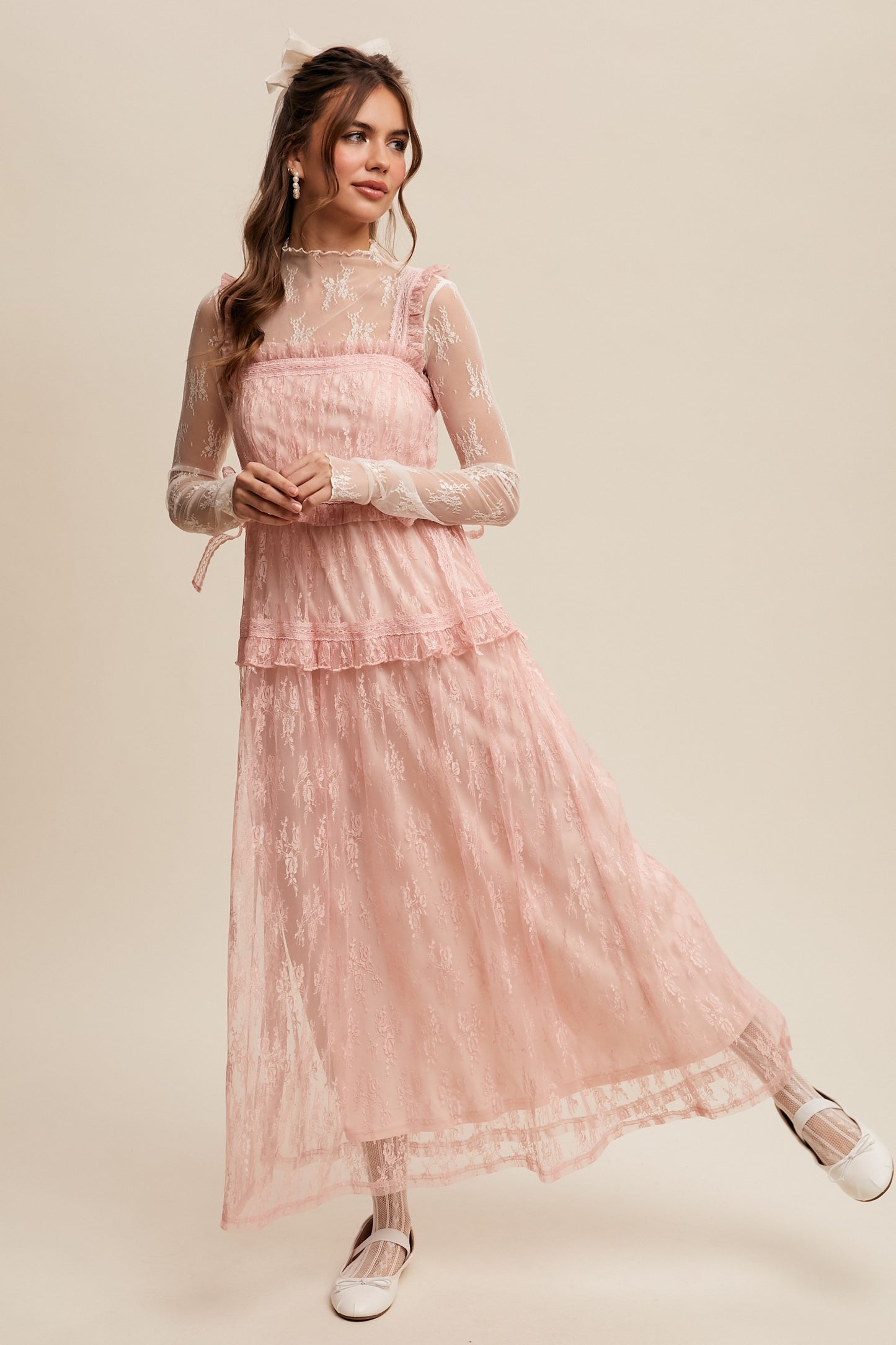 The Thia Romantic Boho Lace Maxi Dress in Pink