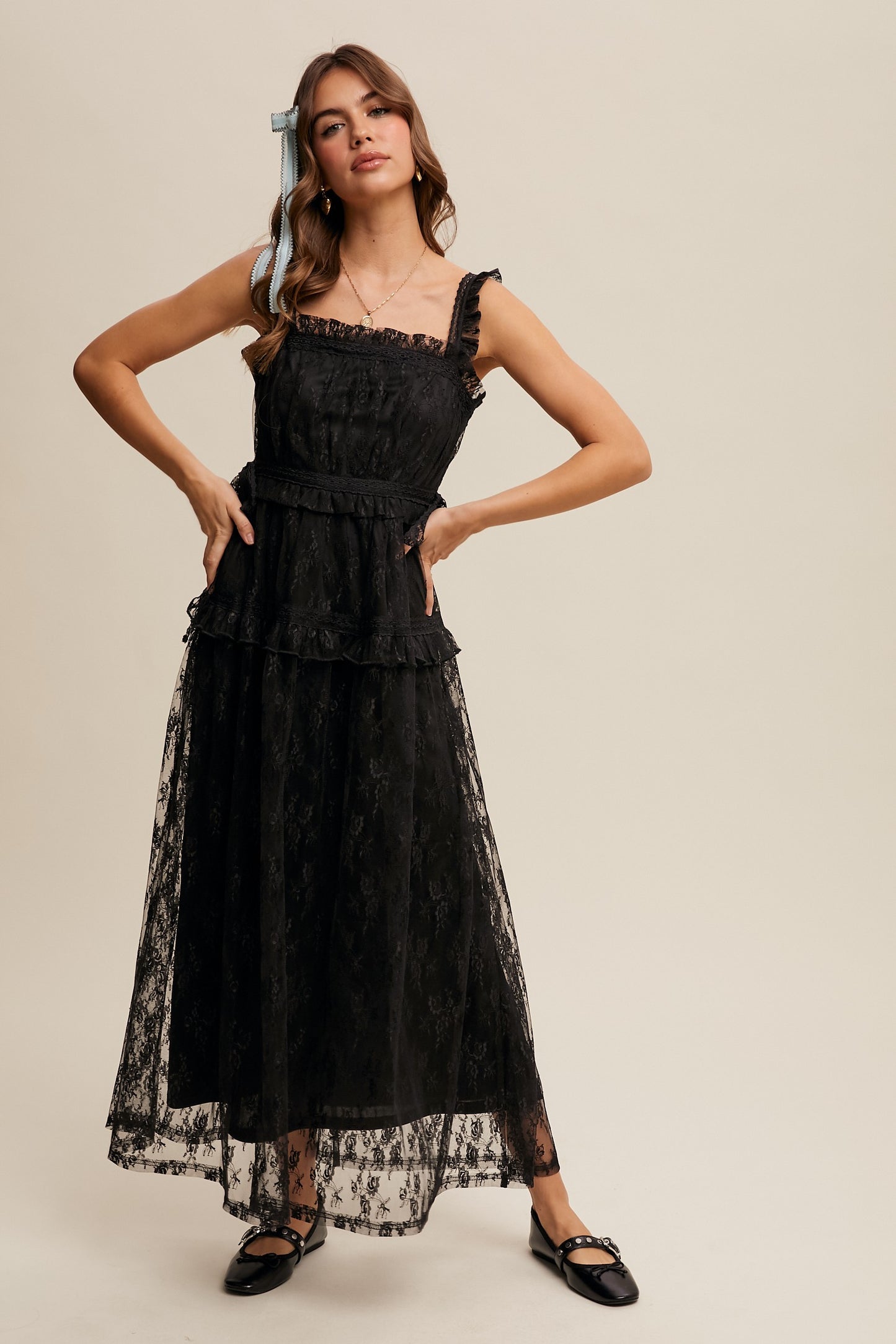 The Thia Romantic Boho Lace Maxi Dress in Black