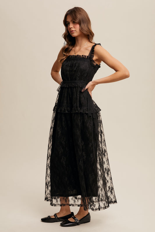 The Thia Romantic Boho Lace Maxi Dress in Black