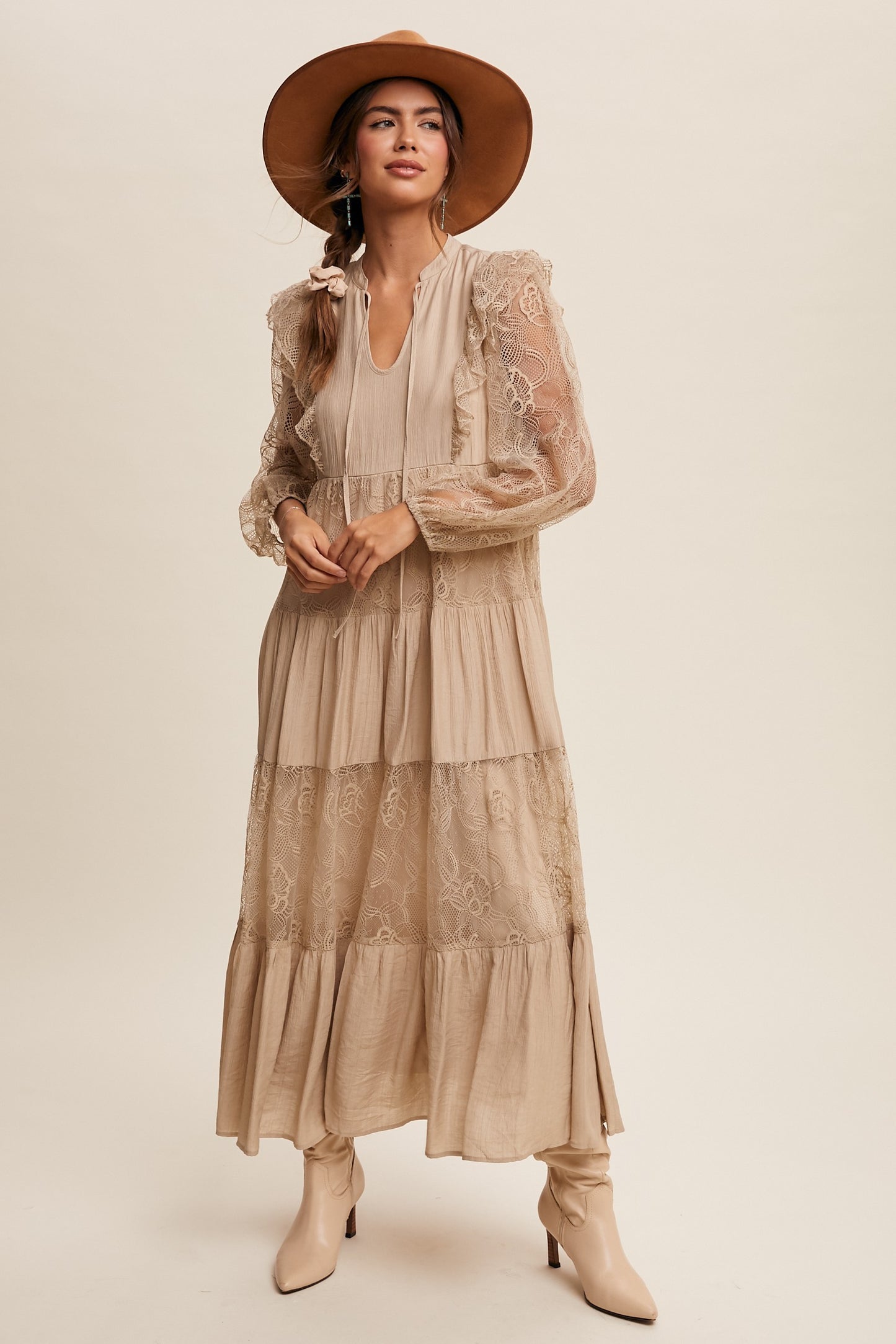 Sara Storybook Romance Boho Maxi Dress in Taupe